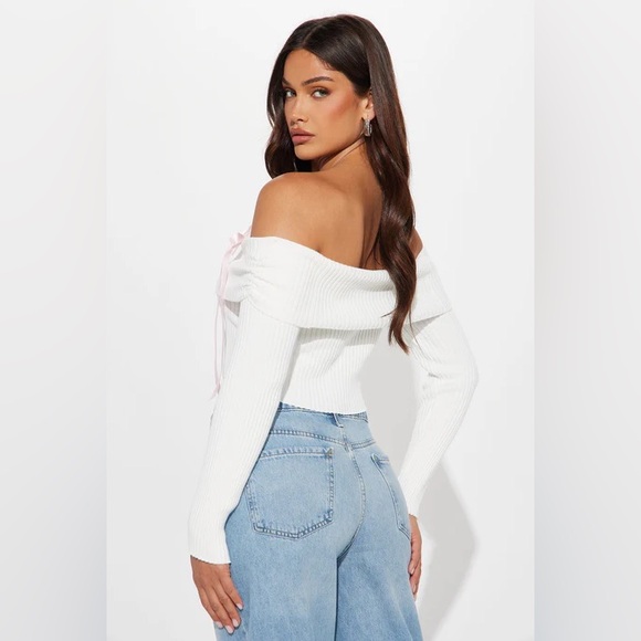 Fashion Nova “Just A Girl” Ivory Off Shoulder Bow Sweater - Picture 3 of 4